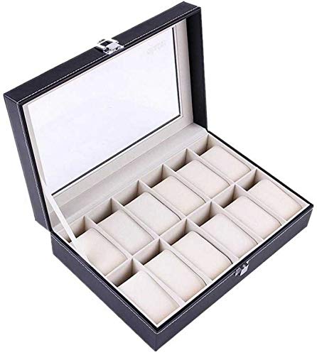 KRISHYAM® Watch Box Organizer Pillow Case 12 Slot Display Cases with Framed Glass Lid Elegant Contrast Stitching Sturdy and Secure Lock for Men and Women Watch and Jewelry Large Holder Boxes