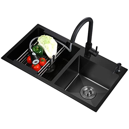 XUTNZA Fregaderos de Cocina, Fregadero de Cocina con Grifo Extraíble, Lavabo Profundo de Doble Seno, Instalación de Montaje encastrado/Negro/80 * 45 Cm