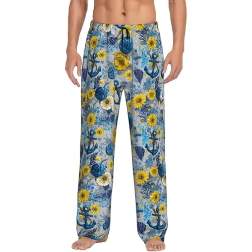 Mens Pajama Pants - Yellow Daisy Anchor Print Soft Sleep Lounge Pants For Men, Casual Pj Bottoms With Pockets 5