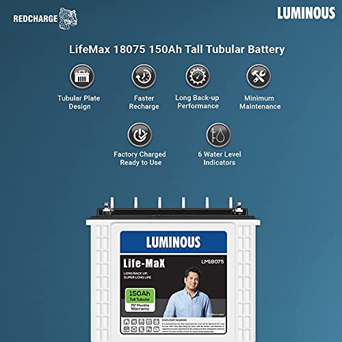 Image of Luminous Inverter & Battery Combo for Home, Office & Shops(Zelio+ 1100 Pure Sine Wave Inverter, Life Max LM 18075 150Ah Tall Tubular Battery)
