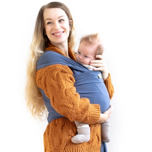 Image of Boba Baby Wrap Carrier - Stretch Cotton Newborn Sling, Vintage Blue | Breathable, Hands-Free Babywearing Carrier Wrap; ergonomic, secure hold for newborn to toddler 7-35 lbs.