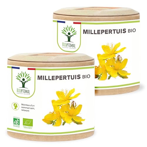 Millepertuis bio - Bioptimal - Complément Alimentaire - Bonne humeur Déprime Stress Anxiété Sommeil - Hypericine Hyperforine - 190mg/gélule - Fabriqué en France - Certifié par Ecocert - 2 x 60 gélules