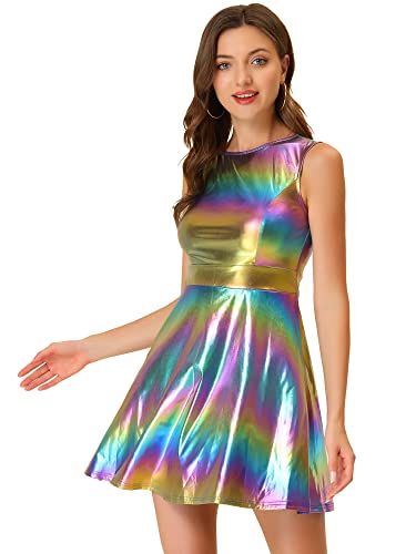 Image of Allegra K Women's Metallic Sleeveless High Waist Club Party Disco Holographic Dress