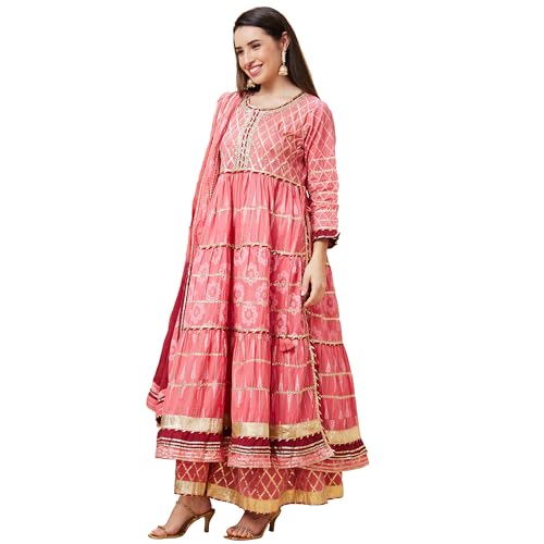 Image of Globus Cotton Women Pink Ethnic Motifs Printed 3-Piece Festive Anarkali Kurta Set with Sharara and Dupatta-3639757001