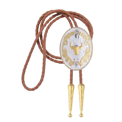 Image of GelConnie Brown Bolo Tie for Men Women Western Ties Mens Gold Bolo Tie Rodeo Cowboy Leather Necktie Cowgirl Tie Wedding