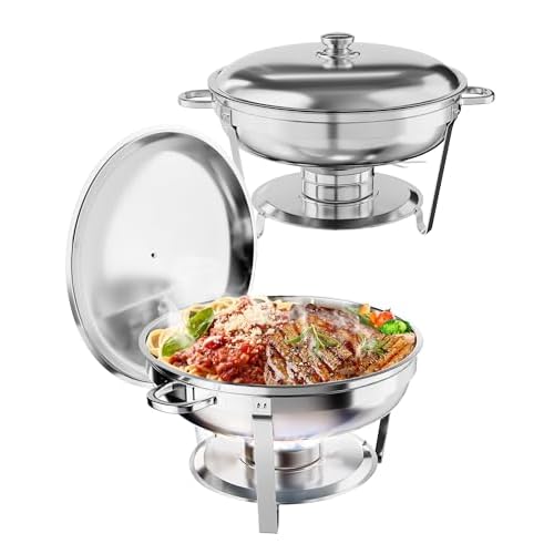 GAOMON 5QT Chafing Dish Buffet Set of 2 Pack, Round Stainless Steel Food Warmers Buffet Servers Sets, Chafer with Food & Water Pan, Lid, Frame, Fuel H