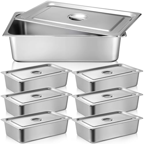 Dandat 6 Pack Full Size Steam Table Pans Deep Hotel Pan with Lid Thick Stainless Steel Restaurant Commercial Trays Steam Food Containers for Chafing Dish Buffet (20.8 x 12.8 x 6 Inch)
