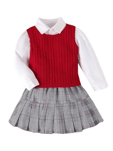 Image of MakeMeChic Girl's 3 Piece Skirt Set Plaid Pleated Skirts Vest Tops Cute Clothes Fall Outfits Red and White 7Y