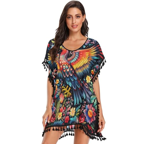Flower Pattern Animal Art Peacick Women's Beach Cover Up Chiffon Tassel Swimwear Swimsuit Coverups for Girl