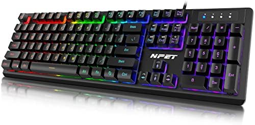 NPET K10 Gaming Keyboard USB Wired Floating Keyboard, Quiet Ergonomic Water-Resistant Mechanical Feeling Keyboard, Ultra-Slim Rainbow LED Backlit Keyboard for Desktop, Computer, PC