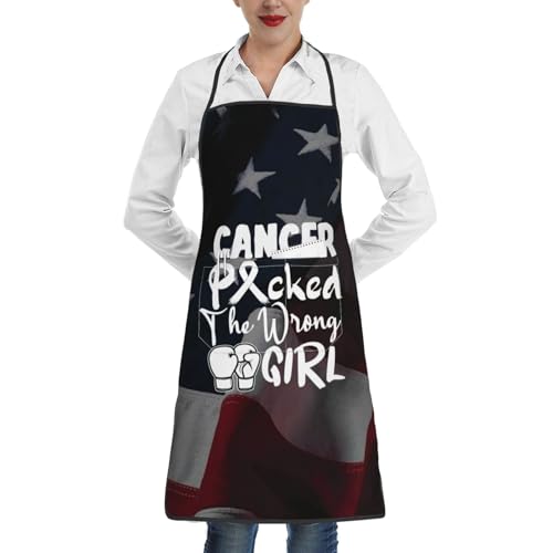 nopicsn Cancer Picked The Wrong Girl Lung Cancer Apron for cooking with Pockets Women Men Kitchen Chef Funny Aprons