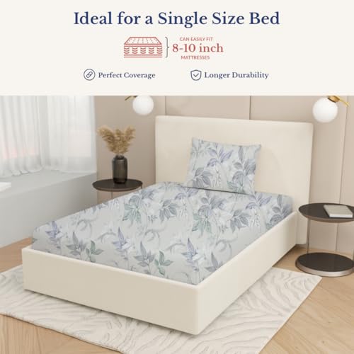 Image of Jaipur Weaves Single Bed Cotton Bedsheet with 1 Pillow Cover, 100% Pure Cotton Single Bedsheet 60x90 Inches, 240 TC Soft Breathable Floral Bed Sheet - (Green Floral, Single)