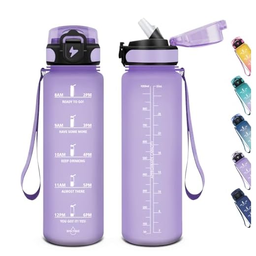 HoneyHolly Botella de Agua, 1000 ml sin BPA, Botella Agua, Prueba de Fugas, Botella Gym, Marcador de Tiempo Motivacional, Botella， Cantimplora para Sport, Bicicleta, Gimnasio, Escuela