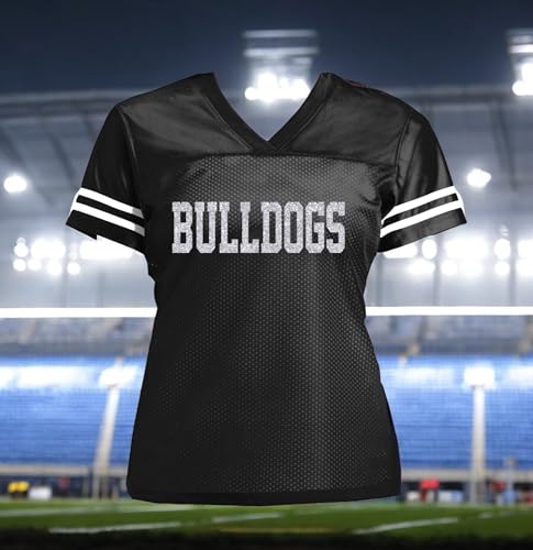 Personalized Team Football Glitter Jersey, Women's Shirt with Bulldogs or School, Black Silver2