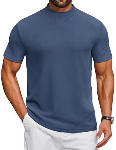COOFANDY Mens Short Sleeve T-Shirts Mock Turtleneck Short Sleeve Shirts Casual Mock Neck Golf Shirts Navy Blue Large