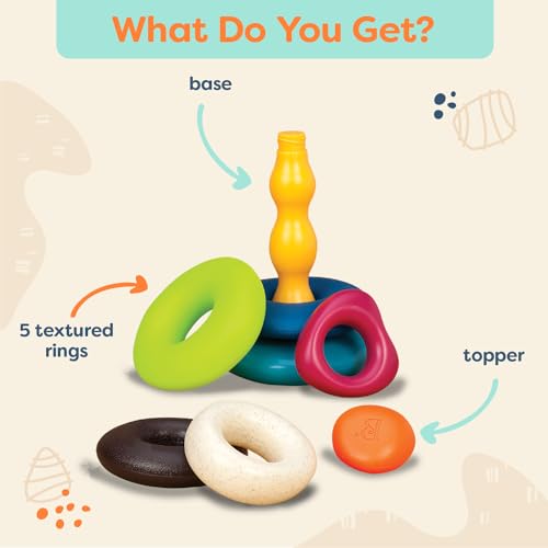 Image of B. toys Skipping Stones, Textured Baby Ring Stacker | 7-piece baby sort-and-stack toy with 5 textured rings, base, and topper for sensory play and early development, 6+ Months