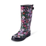 Amazon Essentials Women's Waterproof Tall Rain Boot with Adjustable Buckle, Pink Floral, 12