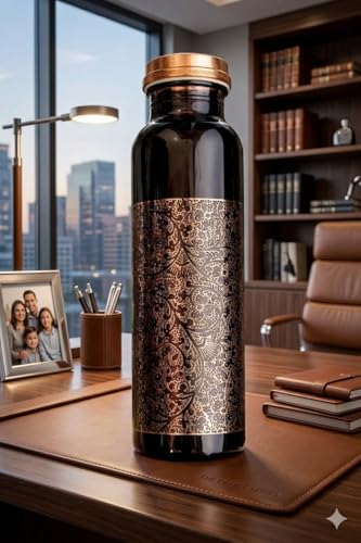 Image of Copper Water Bottle Floral Print Design Leakproof Ayurvedic Drinking Bottle for Home Office Gym Travel for Health Benefits