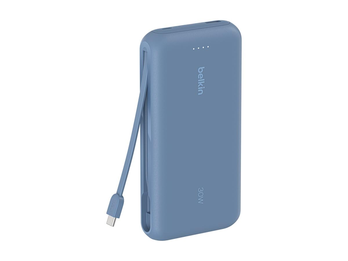 Belkin Przenośna ładowarka, powerbank 20 000 mAh PD 30 W ze zintegrowanym kablem – szybkie ładowanie USB-C Power Delivery, do urządzeń iPhone serii 16, iPad Pro, Galaxy serii S25 i innych – niebieska