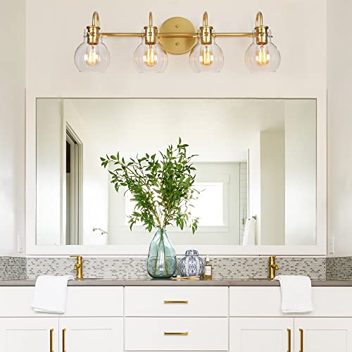 Image of KSANA Bathroom Vanity Light, 4-Light 28.5 inch Large Gold Bathroom Light Fixtures, Modern Vanity Lights for Bathroom with Globe Clear Glass Shades