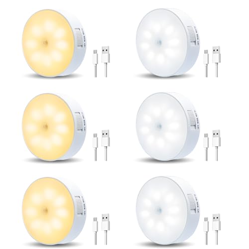 FWoche Luz Nocturna, 6-Pack Luces LED con Sensor Movimiento a Pilas, luz Nocturna USB, iluminación de Armario, Luz LED magnético para Armarios,Pasillo, Escalera, Sótano(Blanco cálido + Blanco frío)