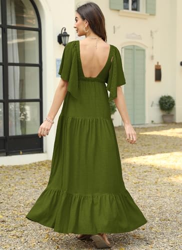 Image of Kikibell Women Summer Dresses Sexy V-Neck Maxi Dress Tiered Silhouette with Flutter Sleeve Backless Elastic Waist Flowy Dress