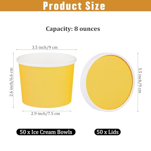 Image of Ruisita 50 Pack Disposable Bowls with Lids 8 oz Paper Cups Ice Cream Containers with Lids Leak-proof Soup Bowls Dessert Sundae Cups Cold or Hot Food for Birthday Picnic School Party Supplies, Yellow