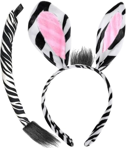 Hatstar Zebra Set | Zebra Ohren Haarreif + Schwanz | Zebra Kopfschmuck für Damen, Herren & Kinder | Kostüm Haarschmuck Deko Accessoire zu Halloween, Karneval und Fasching