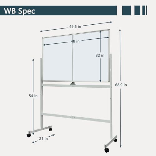 Mobile Whiteboard 48" x 32" with Stand, Double Sided Large Dry Erase Board on Wheels, Magnetic Rolling Whiteboard with Markers & Eraser, Reversible Standing Board for Office, Home, Classroom