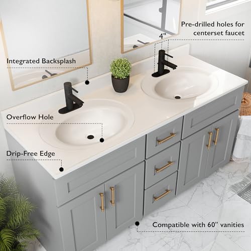 Image of Design House Cultured Marble Vanity Top, 61 in W x 22 in D, 2 Integrated 4 in Centerset Oval Sink & Backsplash, Solid White, 597393