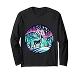 Photo Gallery luce boreale con cervo e foresta maglia a manica Photo Gallery luce boreale con cervo e foresta maglia a manica