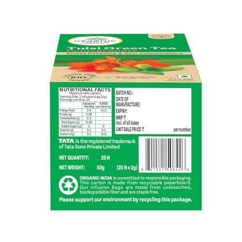 Image of A TATA Product - Organic India Tulsi Green Tea Pomegranate - 25 Tea Bags, Certified Organic, Stress Relief, Rich in Antioxidant, Tulsi & Pomegranate Infusion