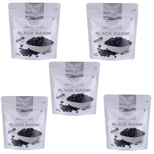 Image of KHARAWALA'S Afghani Classic Black Raisins with Seeds | Kali Kishmish (Pack of 5-250gm Each)