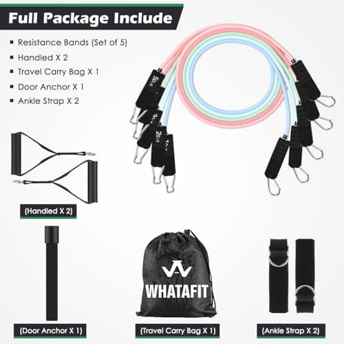 Image of WHATAFIT Resistance Bands, Exercise Bands, Workout Bands with Handles, Door Anchor and Ankle Straps, 5 Resistance Levels Fitness Bands for Strength Training, Physical Therapy, and Home Gym Equipment