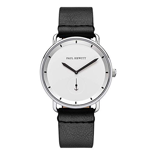 Preisvergleich Produktbild PAUL HEWITT Armbanduhr Männer Edelstahl Breakwater White - Herren Uhr Lederarmband (Schwarz), Silberne Herren Armbanduhr, weißes Ziffernblatt