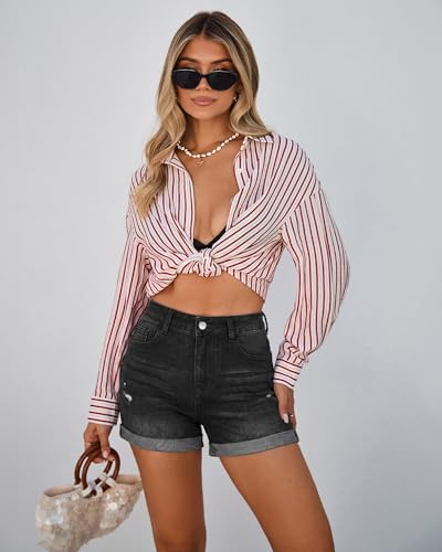 Image of GRAPENT Jean Shorts Womens High Waisted Trendy Cuffed Hem Ripped Stretchy Casual 2026 Denim Jorts Summer Shorts