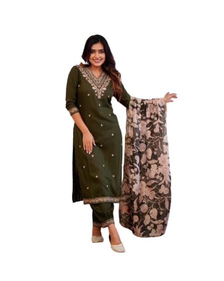 Fashion Women’s Rayon Viscose V-Neck Emroidered Straight Kurta Pant Set with Printed Dupatta-picture-30