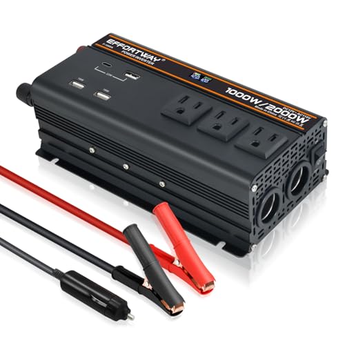 Image of 1000 watt Power Inverter for Vehicles 12V to 110V/120V Converter 2000 watt Peak with 3 AC Out, 3 USB,Type-C Charger,and Cigarette Lighter Ports for Smartphones Laptops Tablets