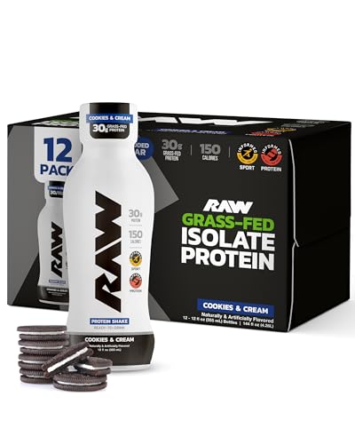 RAW Ready-to-Drink Protein Shake Cookies & Cream - RTD Protein Drinks with Grass-Fed Whey Isolate for Post-Workout - Zero-Sugar & Gluten-Free Meal Replacement Drink & Breakfast Shake 12 Fl Oz