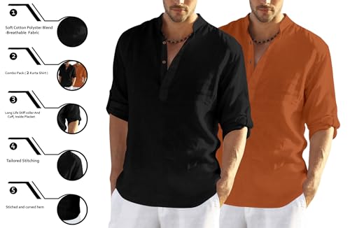 Image of Zombom Men's Combo Cotton Polyester Blend Solid Full Sleeve Straight Regular Fit Mandarin /Chinese Collor Kurta (Pack of 2)