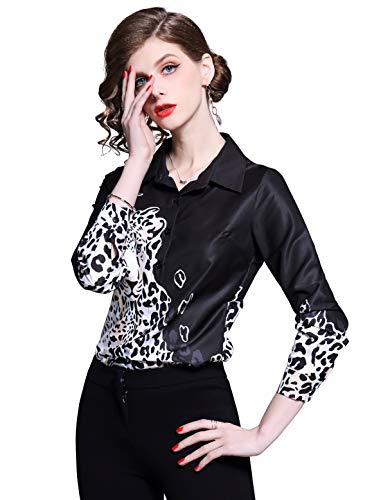 Women s Collared Animal-Inspired Shirt Long Sleeve Button up Casual Blouse Top Black