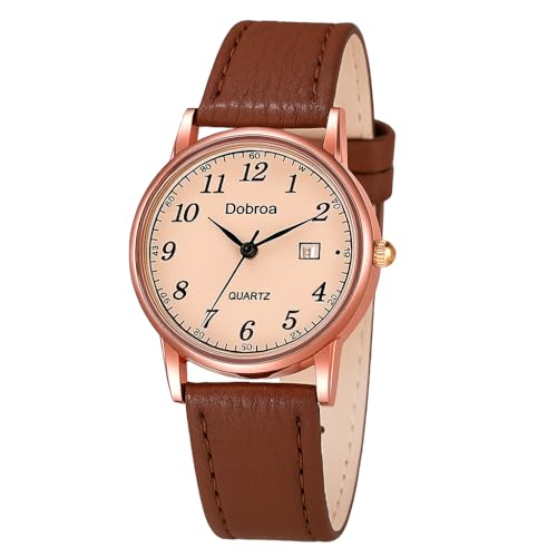 ALCENTIS Montre Femme Bracelet Cuir - Boitier et Cadran Rond - Calendrier des Jours (Bracelet Marron - Cadran Beige)