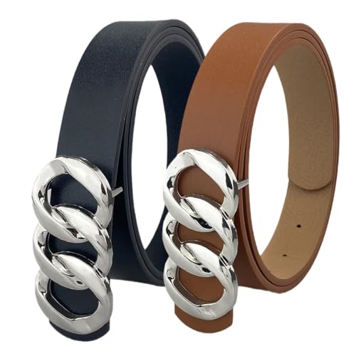 YOU&M 2 Pack Women's Faux Leather Thin Waist Belt with Large Chain Silver Buckle for Dress Jeans