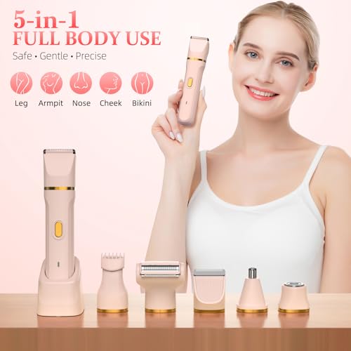 5-in-1 Bikini Trimmer for Women, IPX7 Waterproof Electric Hair Trimmer, Cordless Body Razors Shaver, Facial & Pubic Hair Removal, Ceramic Blade, Rose Red