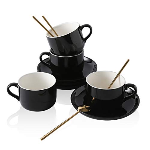 Childike Porcelain Coffee Cups And Saucers Set Of 4 Black, 8 Ounce Coffee Cup For Cappuccino, Latte, Cafe Mocha, Tea Party, Espresso #TOP23