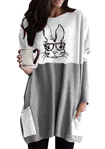 OMZIN Frühling Happy Easter Damen Rundhals Sweatshirt Bunny Bunny Shirt Langarm Pullover Top Grau Brille Hase M