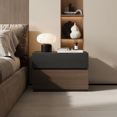 Mesita de noche moderna de madera maciza de alto brillo con encimera ancha y almacenamiento zonificado, elegante mesa auxiliar para dormitorio y sala de estar (grano negro y nogal, 40 x 40 x 45 cm)