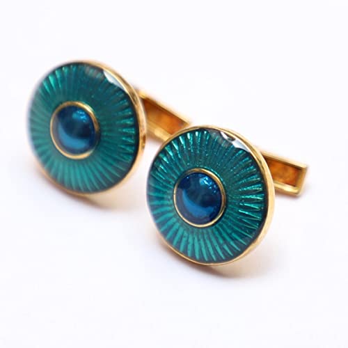 Vintage Handmade Blue & Blue Topaz Enamel Sterling Silver Round Shape Cufflinks - Elegant and Unique Men's Accessory for Special Occasions2