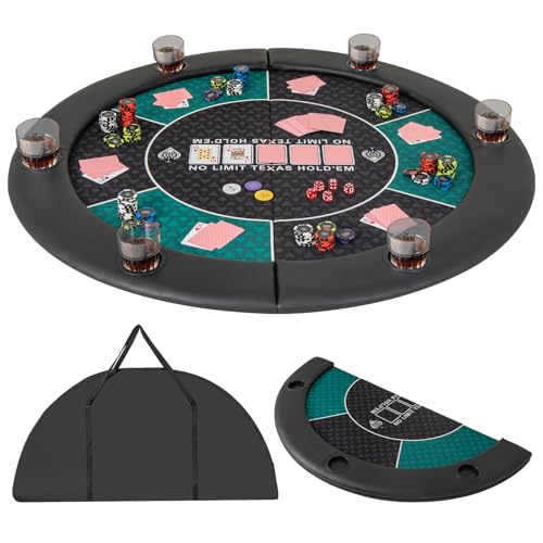 GYMAX 48 Inches Foldable Round Poker Table Top With Cup Holders Padded Rails & Carrying Bag - 8-Player Texas Holdem Mat Layout for Party Casino