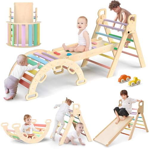 Kids Triangle Climbing Toys Set 7 in 1 Foldable Toddler Wooden Climbing Toys with Arch Ramp Ladder Baby Climber Indoor Jungle Gyms for Toddlers - Rainbow